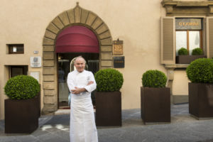 Chef Gaetano Trovato in front of his Restaurant Arnolfo in Colle di Val d'Elsa