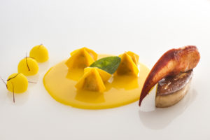 Ravioli, Lobster, Fresh Goose Liver,Potatoes, Saffron by chef Gaetano Trovato at Restaurant Arnolfo in Colle di Val d'Elsa