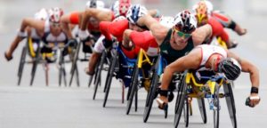 Australia's Kurt Fearnley (2nd from front) competes in the men's marathon T54 at the Beijing 2008 Paralympic Games September 17, 2008. REUTERS/Jason Lee (CHINA)